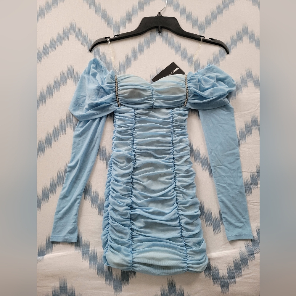 Fashion Nova Ella After Party XS Blue Mini Dress Bodycon Ruched Long Sleeve NWT